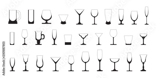 Glassware Outlines and Glassware Silhouettes Set, Wine, Cocktail, Beer, and Champagne Glass Vector Graphics for Bar, Restaurant, and Menu Design