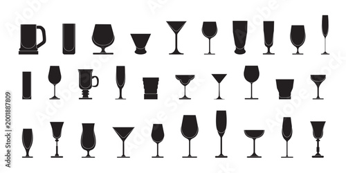 Glassware Silhouette Collection, Solid Black Glass Icons for Wine, Spirits, Cocktails, and Beer, Vector Graphics for Barware and Catering Branding