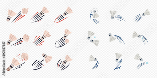 Dynamic shuttlecock vector set for badminton game, showing various movements and speeds in sport.
