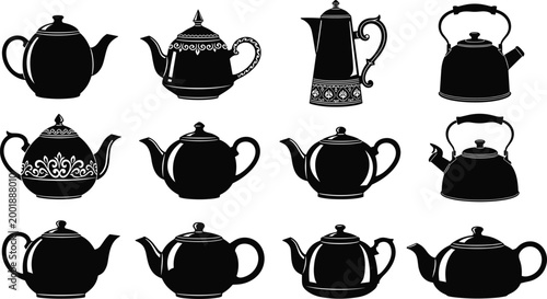 Teapot Silhouette Collection Featuring Vintage and Classic Kettle Shapes in Black Minimal Style for Kitchen, Cafe, and Beverage Design Projects.