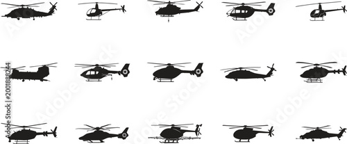 Helicopter Silhouette Set, Military and Civilian Chopper Vector Icons, Air Transport Poses for Aviation Design, Rescue, and Tactical Graphics
