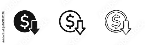 Dollar coin with down arrow price drop deflation icon set
