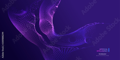 Technology or Psychology Science particles banner. Big AI data audio waves neon purple and blue background. Futuristic network connect vector blurred design.