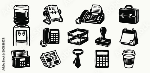 Hand drawn office icons set for corporate productivity and workplace organization