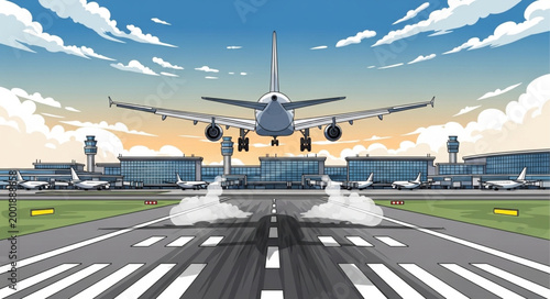 Commercial Airplane Landing on Runway at Airport.