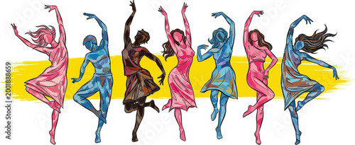group of dancers in colorful outfits against yellow background
