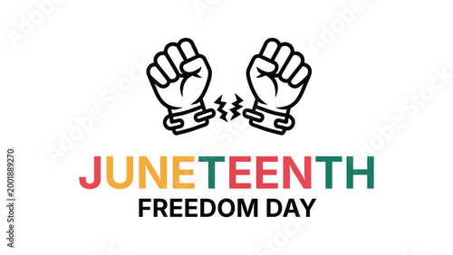 Juneteenth freedom day illustration with raised fists and bold typography, African American history celebration concept, equality justice and liberation theme