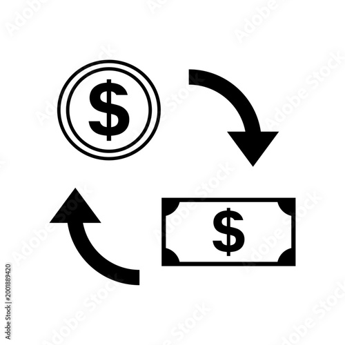 お金の流れアイコン コインと紙幣の循環シンボル 収支・決済・ビジネスフローを表すベクター素材 / Money flow icon coin and banknote exchange cycle symbol finance business process vector
