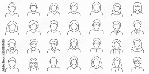 Mega Collection of Male avatar and profile line icons – editable stroke outline, front and side views in business and casual styles, outline symbols of man, user, business, and professional portrait