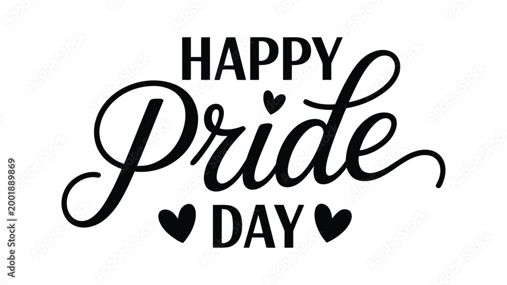 Fototapeta premium Happy pride day typography illustration with decorative script lettering and heart icons, LGBTQ celebration concept, diversity equality and love theme