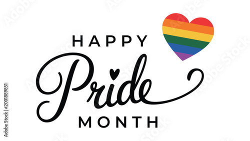 Happy pride month typography illustration with rainbow heart symbol, LGBTQ celebration concept, diversity equality and love awareness modern design theme