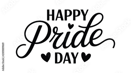 Happy pride day typography illustration with decorative script lettering and heart icons, LGBTQ celebration concept, diversity equality and love theme