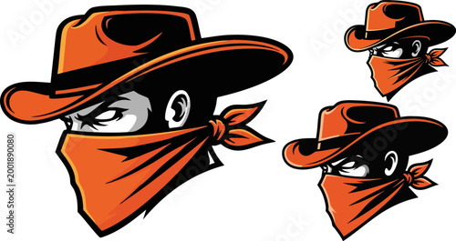 Cowboy outlaw mascot vector, western bandit head wearing orange hat and bandana mask, wild west gunslinger character for sports logo and gaming