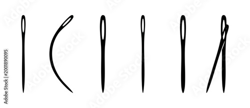 Sewing Needle Icon Set Collection, Minimalist Vector Silhouette Graphics for Embroidery and Tailoring Design Projects, Black Isolated Elements on White Background for Fashion Industry and Crafting Too