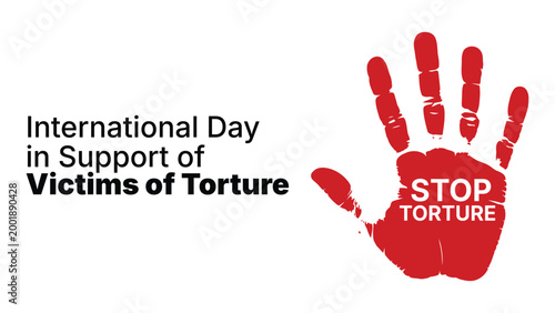 International day in support of victims of torture illustration with red hand stop symbol, human rights awareness concept, protest and protection theme