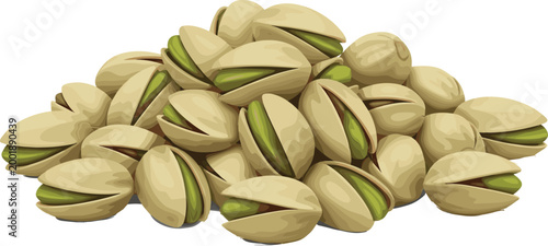 Illustration of a Pile of Pistachio Nuts with Opened Shells and Green Kernels on a Solid White Background"