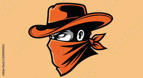 Cowboy outlaw vector illustration, western bandit head wearing orange hat and bandana mask, mysterious gunslinger mascot for gaming and sports