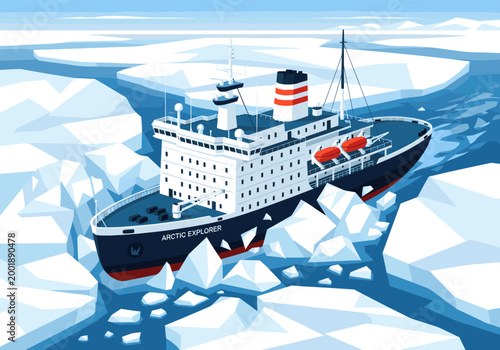 Arctic explorer icebreaker ship navigating through frozen arctic sea ice