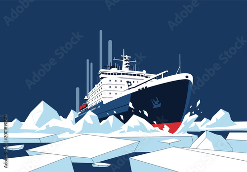 Icebreaker ship navigating through ice floes in polar ocean