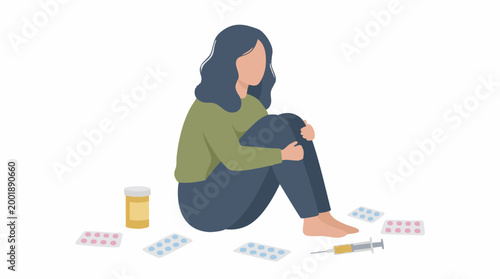 Foto Despairing woman surrounded by pills and syringe, symbolizing addiction