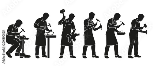 Shoemaker making shoes silhouette icon set, cobbler professional work process with hammer, leather, and tools, isolated black figures on white background for artisanal repair and footwear manufacturin