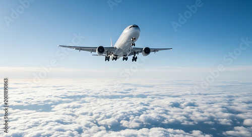 A commercial airplane flying high above a thick layer of white clouds against a clear blue sky.