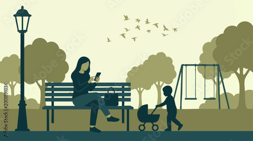 Tableau sur toile Woman on park bench absorbed in smartphone, child plays with stroller nearby