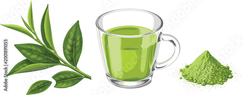 Illustration of Matcha Green Tea in a Glass Cup with Powder and Leaves on a Solid White Background"
