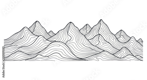 Mountain line art illustration with topographic landscape peaks on white background