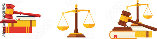Minimalist Legal Icons Set Featuring Gavel, Scales of Justice, and Law Books for Legal, Business, and Educational Illustrations