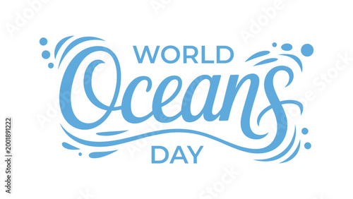 World oceans day typography design with decorative water wave elements, marine conservation awareness concept, blue minimalist illustration background