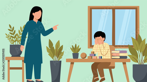 Foto Woman scolding a young child who is covering his face in sadness
