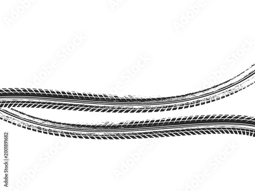 Vector black tire tracks road white background