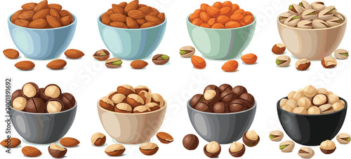 Vector illustration of assorted nuts in bowls, including almonds, pistachios, hazelnuts, and mixed nuts, in a clean and minimalist style.