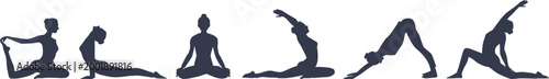 Set of female yoga and Pilates poses in black silhouette. Vector icons of various workout positions for wellness, fitness.  Health-related design isolated on a white background