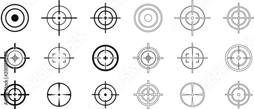 Target crosshair icon set collection group, aim reticle, scope sight, bullseye symbols in black flat and line style vector, colorful targeting UI elements for shooting, focus, accuracy design pack