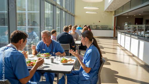 Medical professionals enjoying lunch in bright modern hospital cafeteria, diverse group of healthcare workers taking a well-deserved break, engaging in conversation while eating healthy meals.