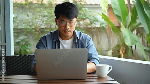 A person working from home on a balcony with a laptop and a cup of coffee.