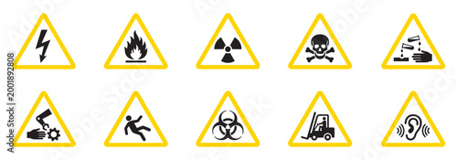 Industrial warning sign icon set. Set of Hazard Warning Signs and Industrial Safety Symbols. Vector Illustration. EPS 10