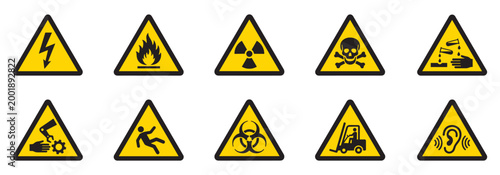Industrial warning sign icon set. Set of Hazard Warning Signs and Industrial Safety Symbols. Vector Illustration. EPS 10