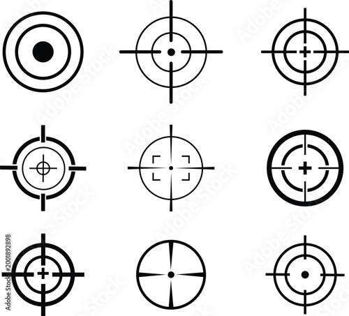 Target crosshair icon set collection group, aim reticle, scope sight, bullseye symbols in black flat and line style vector, colorful targeting UI elements for shooting, focus, accuracy design pack