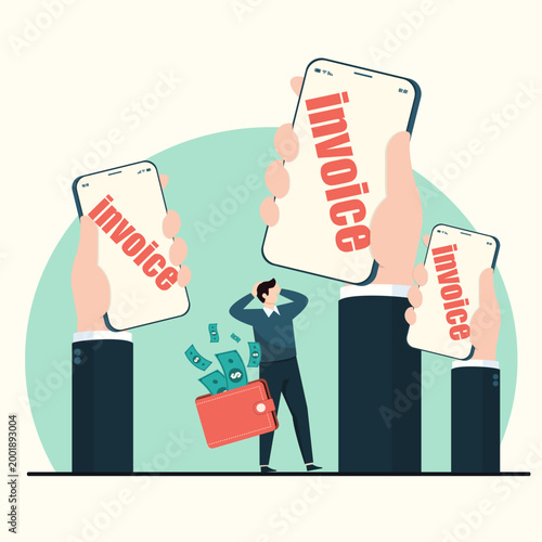 Stressed man overwhelmed by digital invoices on mobile phones held by giant hands, depicting debt, financial pressure, and money escaping from a wallet in flat art.