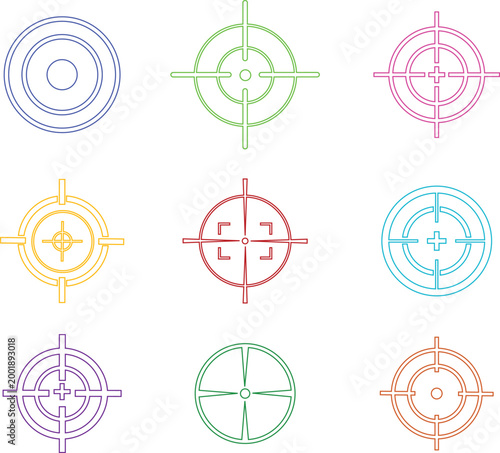 Target crosshair icon set collection group, aim reticle, scope sight, bullseye symbols in black flat and line style vector, colorful targeting UI elements for shooting, focus, accuracy design pack