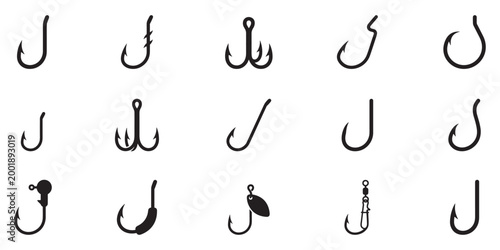 Fishing hooks icon set. Collection of different fishing hooks, jig heads, and lures. Vector Illustration. EPS 10