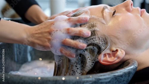 Close-up of a hairdresser massaging a client's scalp with shampoo. Woman receiving a relaxing hair wash treatment in a beauty salon. Professional hair care concept