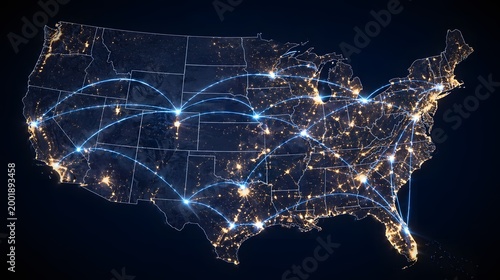 United States Map with Glowing Network Connections and Digital Communication Routes at Night