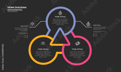 Dark venn diagram infographic layout with three connected circle options for business strategy process analysis report presentation and planning