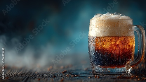 Low angle closeup glass beer mug full golden amber beer with thick white foam overflowing and dripping onto wooden table, dark wood grain and dark green background,