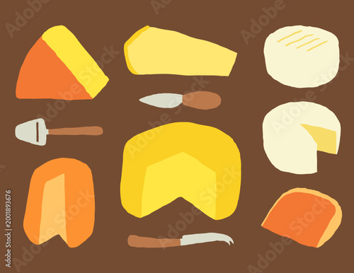 Flat cheese set. Hand drawn cutout style illustration. Minimal playful cheese types with simple shapes. Cheese knifes. Camembert, brie, edam, parmesan. Vector illustration with isolated elements