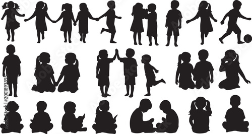 Collection of diverse black human silhouettes standing and sitting in various poses against a white background isolated on transparent background, Vector